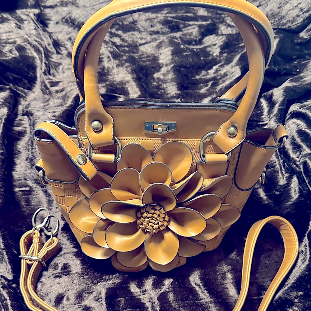 Handbag flower detail vegan leather, handles and cross body strap zip closure